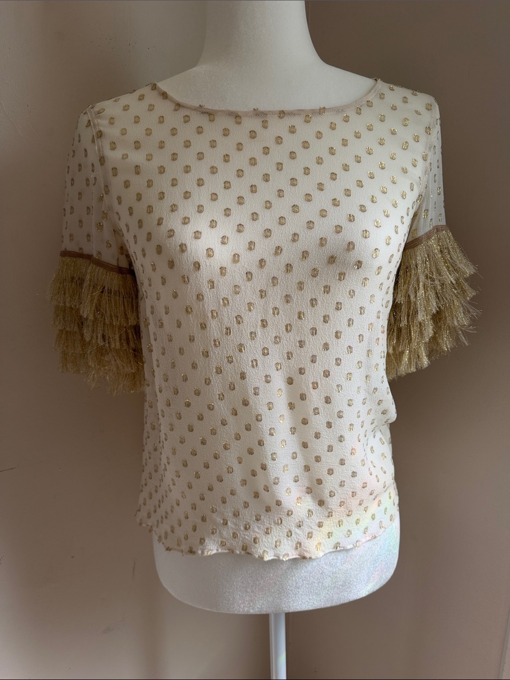 CHRIS BENZ Ivory Sheer Polka Dot Top with Gold Fringe Sleeves
